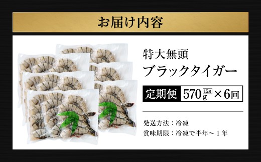 【6回定期便】特大 ブラックタイガー 無頭えび 570g前後（15尾）×6回 海老 エビ エビフライ 海老フライ えびフライ エビチリ 天丼 海鮮丼 すし スシ 寿司 大型 大容量 海鮮 魚介 殻付き