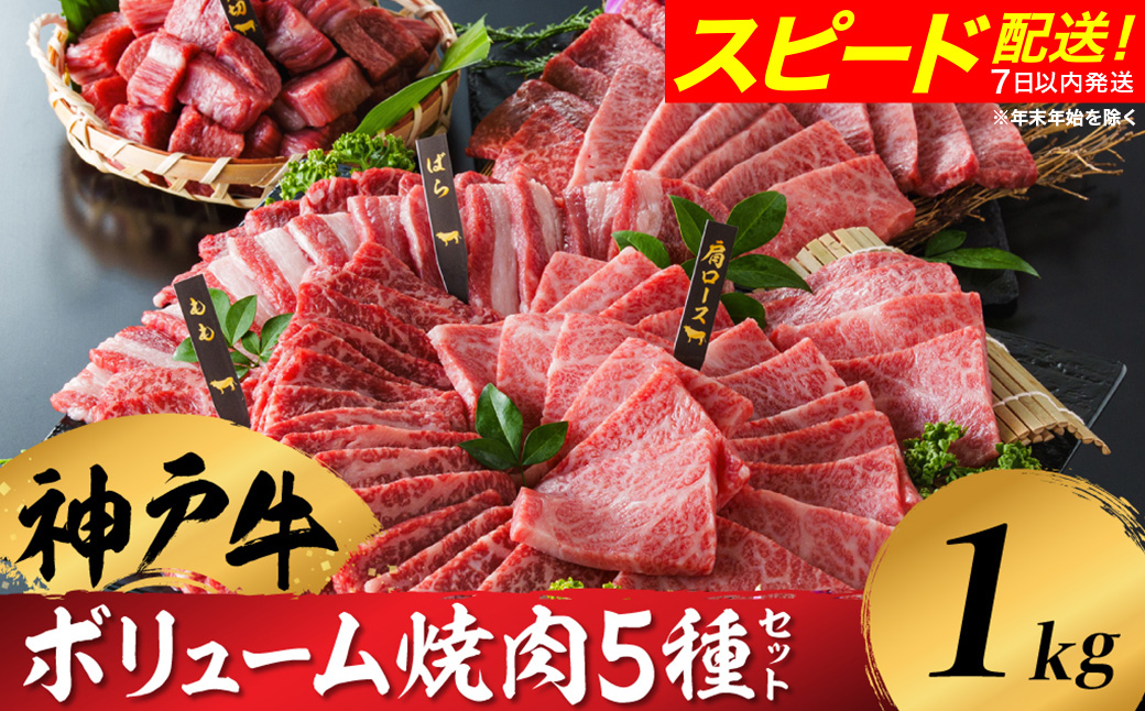 神戸牛 ボリューム焼肉セット 肩ロース 肩 モモ バラ 赤身角切り 1kg / 焼肉 食べ比べ 牛肉 小分け (200g×5種) 密着包装 赤身 霜降り国産牛 焼肉セット 焼き肉 冷凍 国産牛 ブランド牛 黒毛和牛 神戸ビーフ 化粧箱入り ギフト【帝神志方ミート】/即納