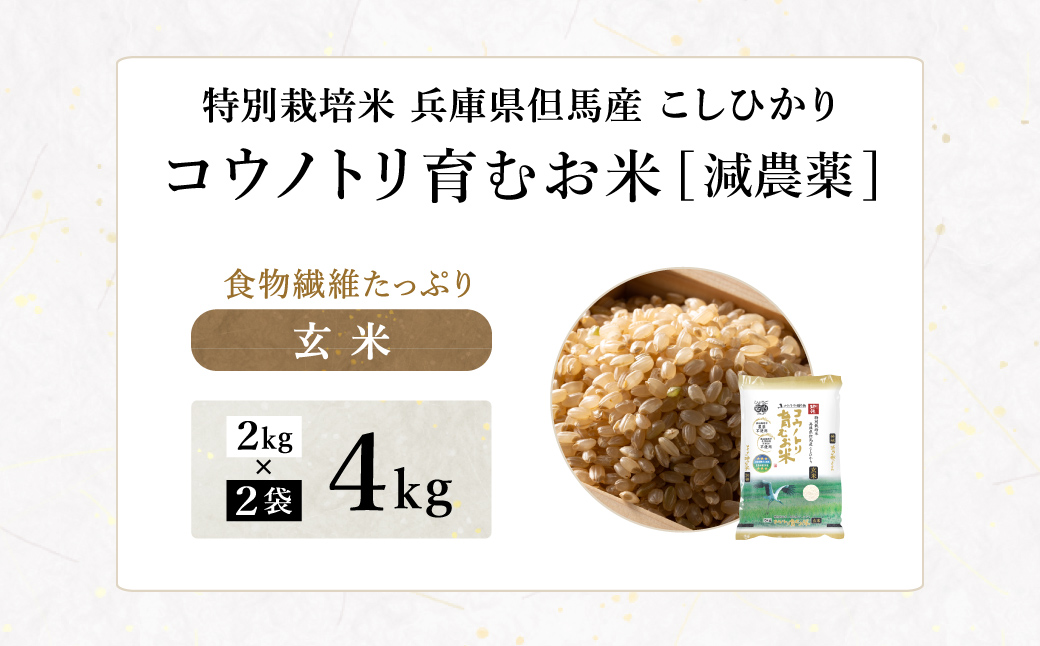 令和7年産 減農薬 玄米 特別栽培米 4kg コウノトリ育むお米 但馬産 こしひかり 兵庫県産(2kg×2袋) 減農薬 お米 4キロ 玄米 コウノトリ米 コシヒカリ コメ こめ ご飯 ライス 減農薬米