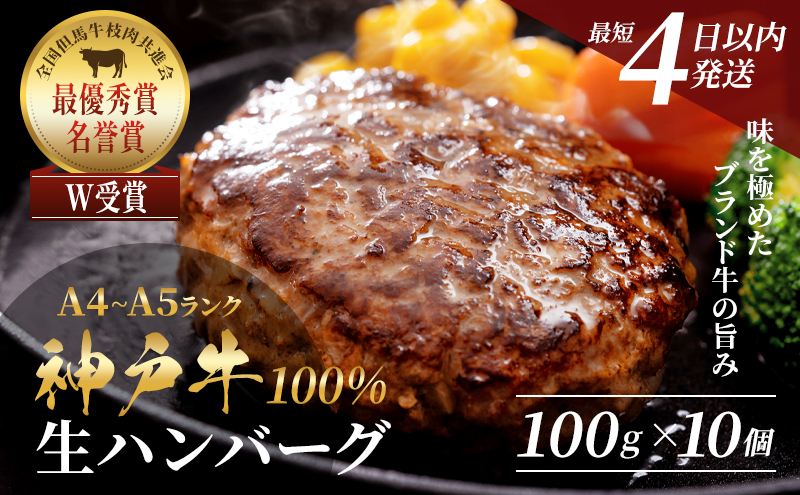 神戸牛 御中元 牛肉 100% 生ハンバーグ 100g × 10個 小分け 帝神志方 国産 和牛 冷凍 黒毛和牛 グルメ 肉汁 ハンバーグ 神戸ビーフ 但馬牛 最短4日以内発送