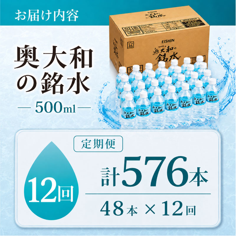 【定期便12ヶ月】 奥大和の銘水　500ml×48本（1箱24本入り×2箱）×12ヶ月 水 美味しい水 月ヶ瀬の水 奥大和の銘水48本セット シリカ水 軟水 賞味期限2年 長期間保存可能 永伸商事株式会社 A-1