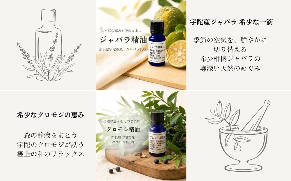 天然アロマオイル（ジャバラ・クロモジ・和ハッカ・月桂樹から選べる）＆蒸留水セット（100％天然）／天然100％ 無添加 国産 精油 奈良県宇陀市 奈良県 宇陀市 ウェルネスフーズUDA ふるさと納税