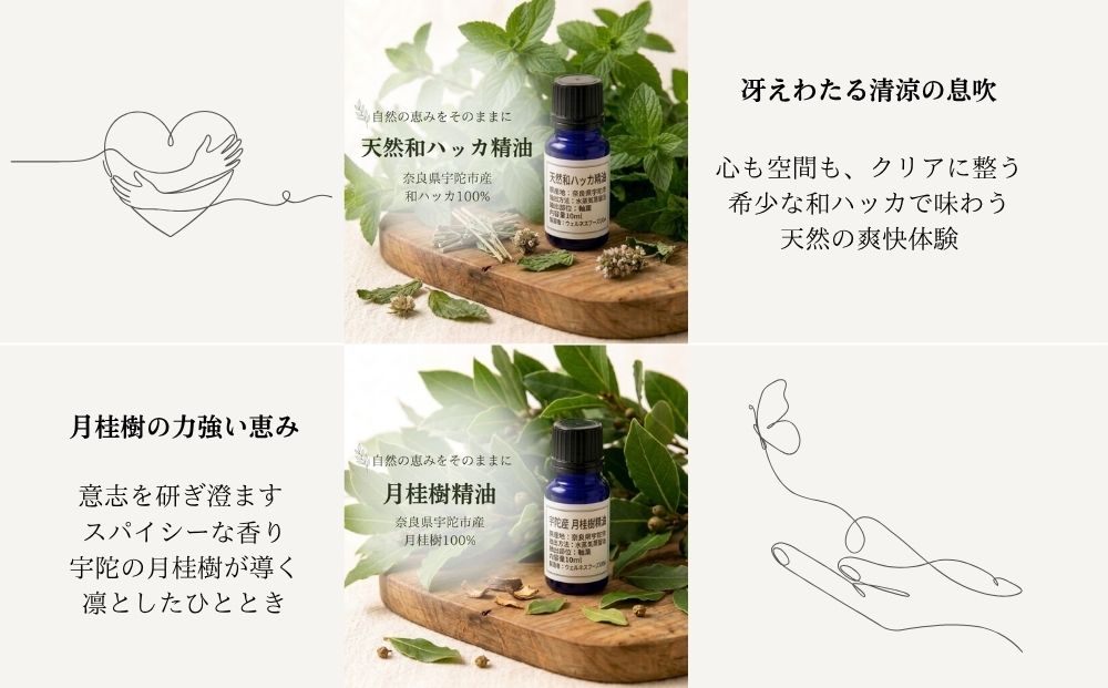 天然アロマオイル（ジャバラ・クロモジ・和ハッカ・月桂樹から選べる）＆蒸留水セット（100％天然）／天然100％ 無添加 国産 精油 奈良県宇陀市 奈良県 宇陀市 ウェルネスフーズUDA ふるさと納税