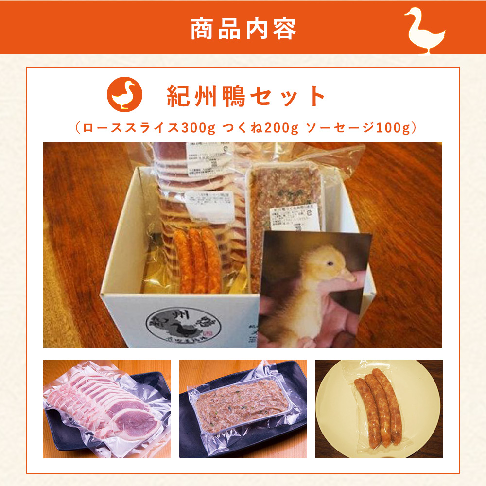 紀州鴨セット（ ローススライス300g  つくね200g  ソーセージ100g ）※到着希望日（時期）指定不可_AK6007n