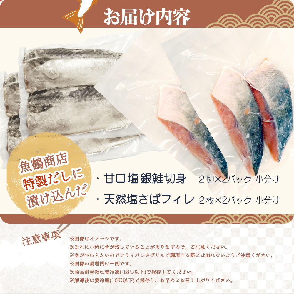和歌山魚鶴仕込の甘口塩銀鮭切身 4切 & 天然 塩さばフィレ4枚 （2切×2パック&2枚2パック 小分け）_G7025