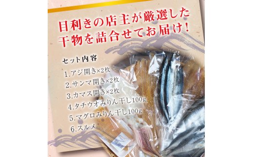 厳選干物 6種セット 創業80年！地元で愛される人気の干物 Bセット（アジ開き×2枚、カマス開き×2枚、サンマ開き×2枚、タチウオみりん干し×100g、マグロみりん干し×100g、スルメ） 干物 ひもの 干物セット