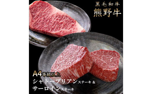 熊野牛A4以上ヒレシャトーブリアンステーキ100g×2枚＆霜降りサーロインステーキ180g×2枚【uot766A】