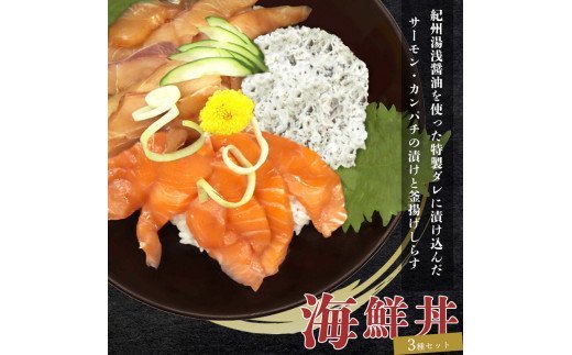 紀州湯浅醤油を使ったサーモンとカンパチの漬け＆釜揚げしらすの 海鮮丼 ３種セット×２ 計６００g【uot757B】