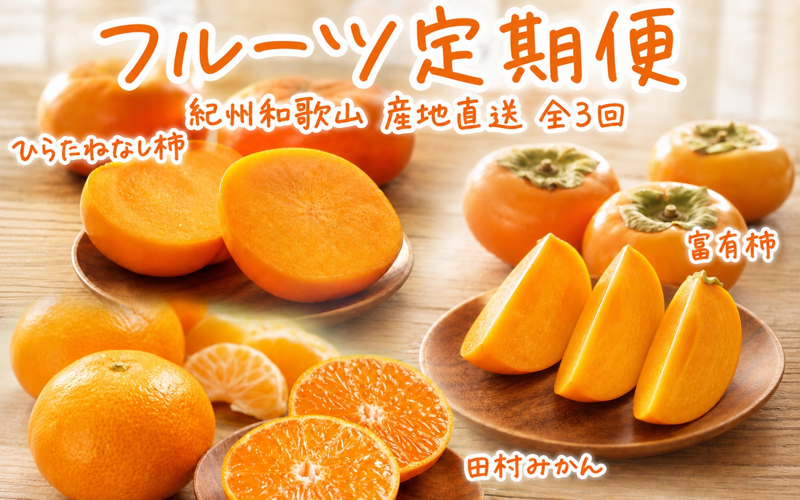 【3回定期便】 果物定期便 ひらたねなし柿・富有柿・田村みかん【tkb130】