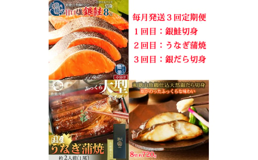 【毎月定期便】魚鶴お楽しみ海鮮3種セット(銀鮭切身・うなぎ蒲焼・銀だら切身)全3回    / 銀鱈 さけ だし うなぎ たら 魚 切り身 切身 魚 海鮮 焼き魚 ご飯のおとも おかず【tkb418】