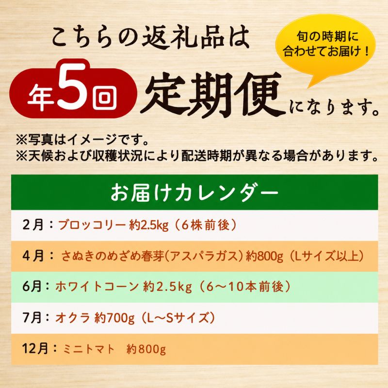 野菜セット 定期便 全5回 香川県産 さぬきのめざめ アスパラガス アスパラ ブロッコリー ホワイトコーン とうもろこし オクラ ミニトマト トマト 約2.5kg 約800g 約700g 旬 旬の野菜 野菜 国産 詰め合わせ 五色青果 香川県 東かがわ市 46312763