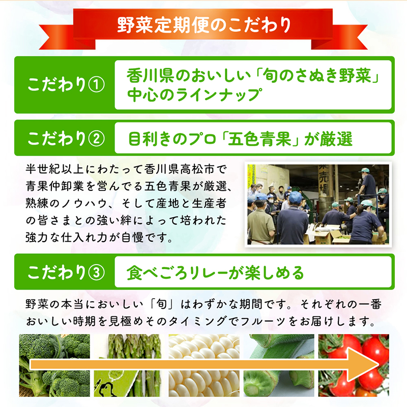 野菜セット 定期便 全5回 香川県産 さぬきのめざめ アスパラガス アスパラ 春芽 夏芽 ブロッコリー ホワイトコーン とうもろこし ミニトマト トマト 約2kg 約500g 約800g 旬 旬の野菜 野菜 国産 詰め合わせ 五色青果 香川県 東かがわ市