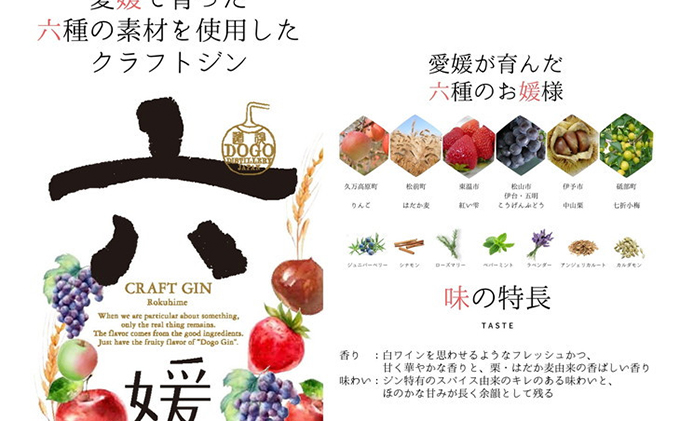 水口酒造 道後ジン「六媛」500ml　クラフトジン スピリッツ 愛媛 お酒 晩酌 家飲み 宅飲み 愛媛県産素材 ボタニカル フレッシュ 華やかな香り 香ばしい香り キレ のかな甘み 
