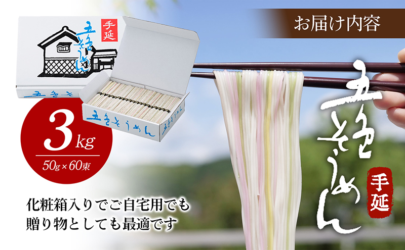 手延五色そうめん3kg T-60 麺類 ランチ お昼ご飯 夕飯 晩御飯 手延べそうめん そうめん詰合せ 彩り鮮やか なめらかなのどこし 