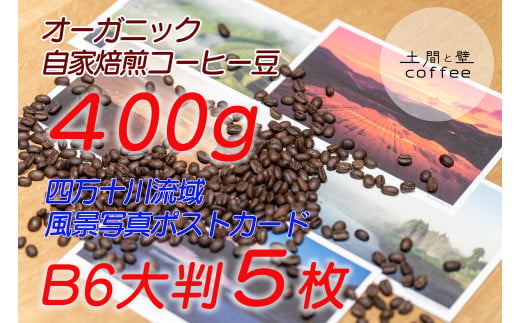【オーガニック自家焙煎コーヒー豆400g】＋【写真家が撮影した四万十川流域のB6大判ポストカード5枚】／Lip-A03