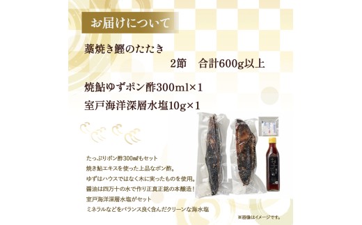 藁焼き かつおタタキ 2節セット（600g） わら焼き 6人前 高知 藁焼き 戻り鰹 鰹 船上凍結 鮮度良好 ポン酢付き タレ付き 四万十町 小分け 冷凍／Ess-A17