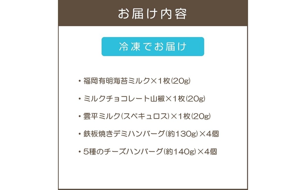 【B4-064】鉄板焼ハンバーグ(2種各4個)＆カカオ研究所 お酒に合うチョコ