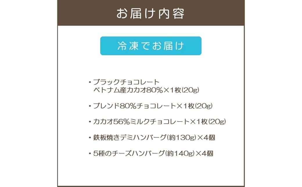 【B2-022】鉄板焼ハンバーグ(2種各4個)＆カカオ研究所 高カカオセット