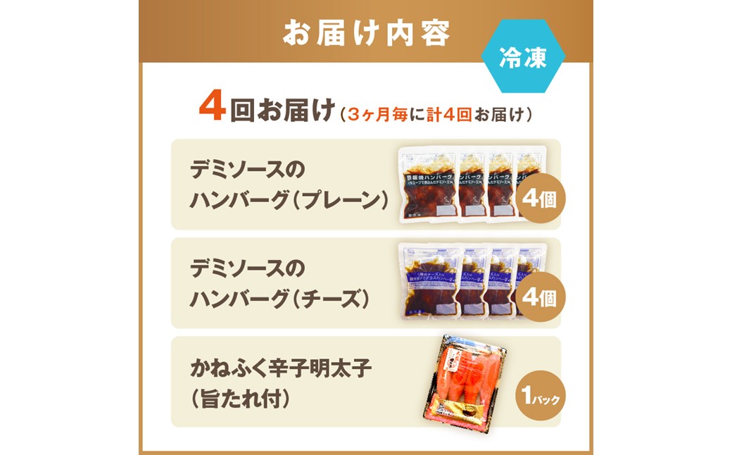 【F8-005】かねふく辛子明太子&デミソースのハンバーグ2種セット【3ヶ月毎定期便(計4回発送)】