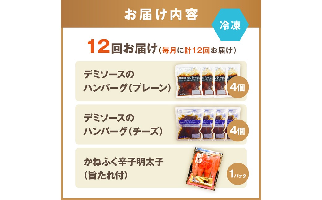 【K03-001】かねふく辛子明太子&デミソースのハンバーグ2種セット【毎月定期便(計12回発送)】
