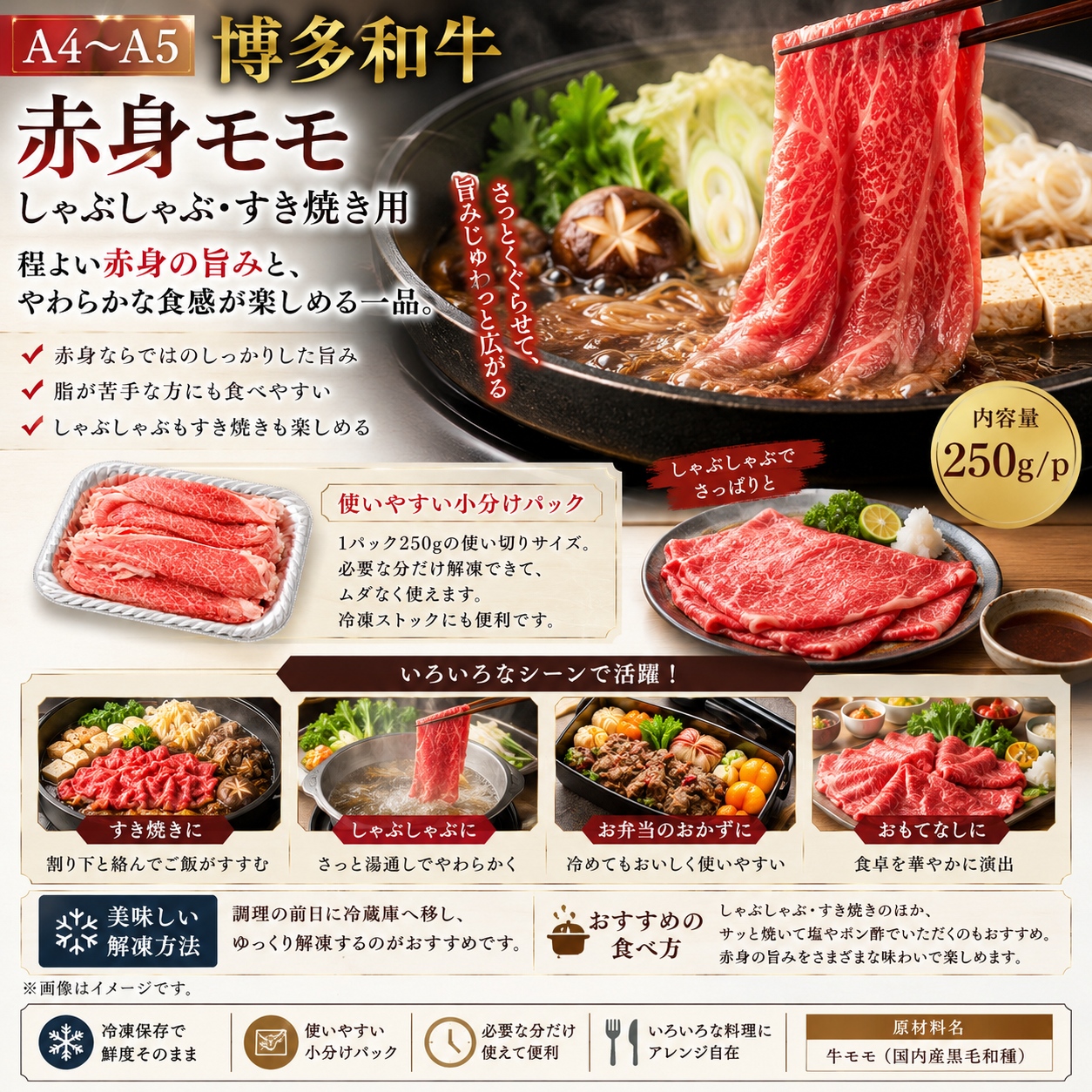 【A4～A5】博多和牛赤身モモしゃぶしゃぶすき焼き用 1kg (250g×4p) | 牛肉 ブランド牛 国産 和牛 福岡 博多 すき焼き しゃぶしゃぶ CP057d