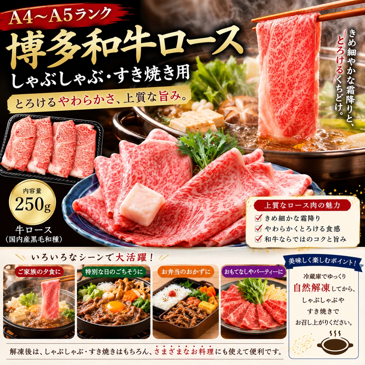 【厳選部位】【A4～A5】博多和牛ロースしゃぶしゃぶすき焼き用 1kg (250g×4p) | 牛肉 ブランド牛 国産 和牛 福岡 博多 すき焼き しゃぶしゃぶ CP058d