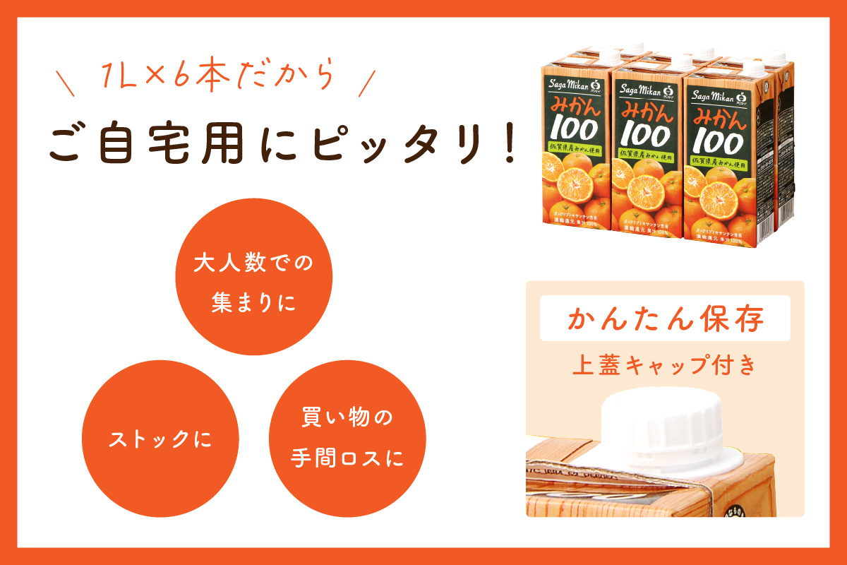 【佐賀県産温州みかん使用】 みかんジュース さがみかん100 1L×6本 173-A068