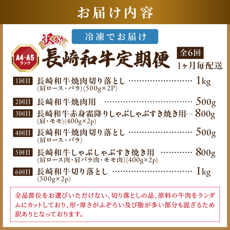 【全6回定期便】訳あり長崎和牛定期便 (長崎和牛 焼肉 切り落とし しゃぶしゃぶ すき焼き )【999-0010】