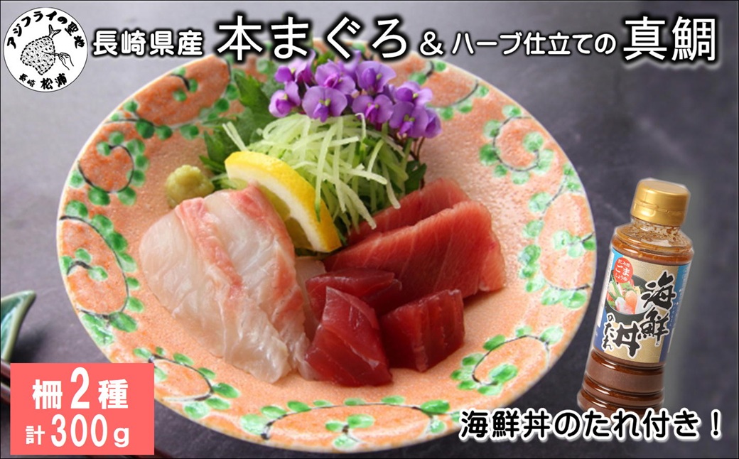 海鮮丼のたれ付！長崎県産本まぐろ＆ハーブ仕立ての真鯛　柵セット2種300g【B1-173】
