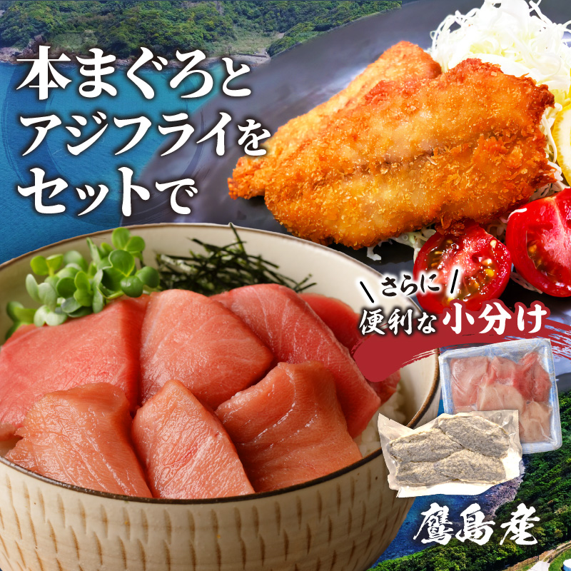 鷹島産本まぐろ 食べきりサイズ(80g×2p)とアジフライのセット(4枚×1p) ( 本まぐろ マグロ 鷹島産本まぐろ アジフライ あじ フィレタイプ ) 【A9-072】