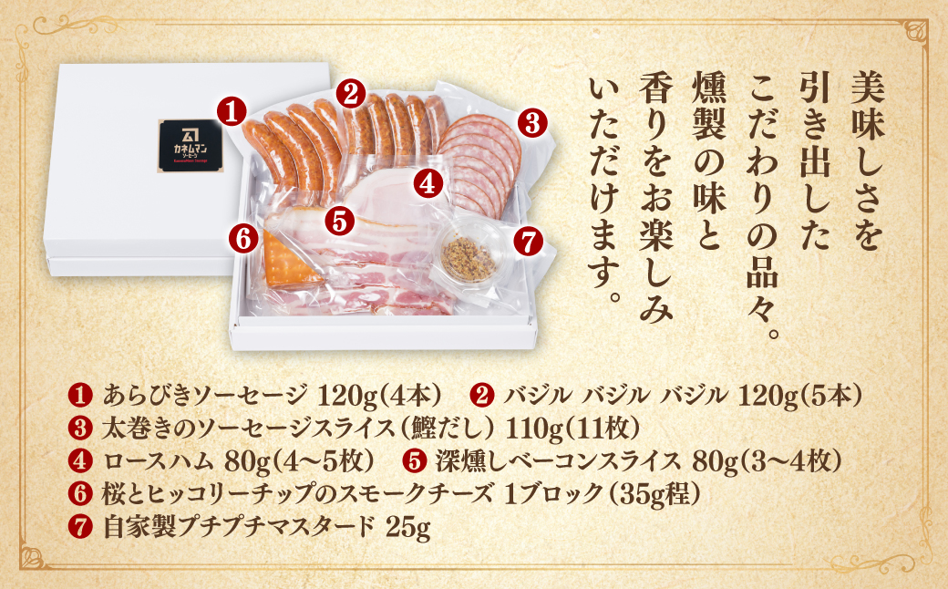 カネムマンの手造り燻製7種セット あらびき バジル ソーセージ スライス ハム ベーコン スモークチーズ 自家製 マスタード 燻製  おつまみ おかず 肉 豚肉 詰め合わせ カネムマン