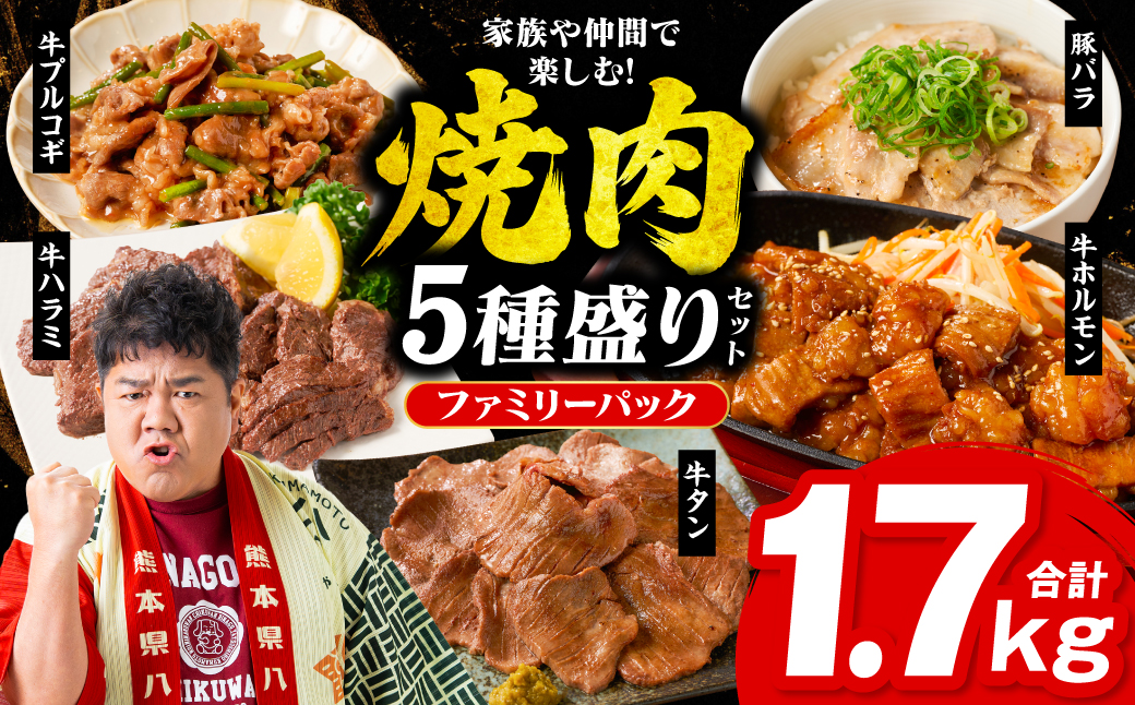 【訳あり】 焼肉セット 5種盛り 計1.7kg 牛肉 タン ハラミ みそ ホルモン プルコギ 豚バラ 豚肉 カルビ 肉 味付き おかず 焼き肉 炒め物 お惣菜 おつまみ バーベキュー