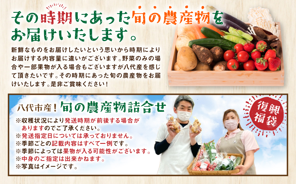 八代市産 旬の農産物詰合せ 復興 福袋 7品以上 野菜 果実 果物 やさい くだもの フルーツ 合計7品目以上 セット 季節の野菜 季節の果実 春 夏 秋 冬 旬 おまかせ 国産 熊本県 八代市