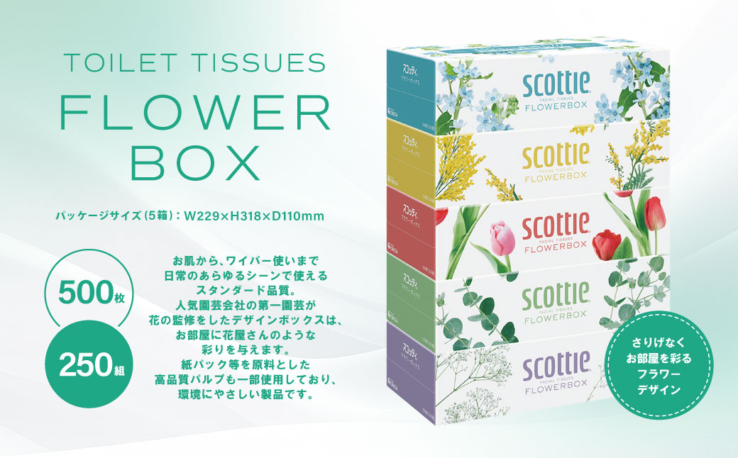 【スコッティ】 ティシュー フラワーボックス 250組 20箱 ティッシュ 日用品 生活必需品 消耗品 紙 まとめ買い 備蓄 防災備蓄 デザインボックス ストック 新生活 防災 生活用品 日用消耗品 箱ティッシュ