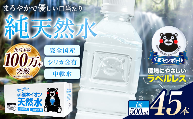熊本イオン純天然水 ラベルレス 500ml×45本  《7-14日以内に出荷予定(土日祝除く)》 水 飲料水 ナチュラルミネラルウォーター 熊本県 玉名郡 玉東町 完全国産 天然水