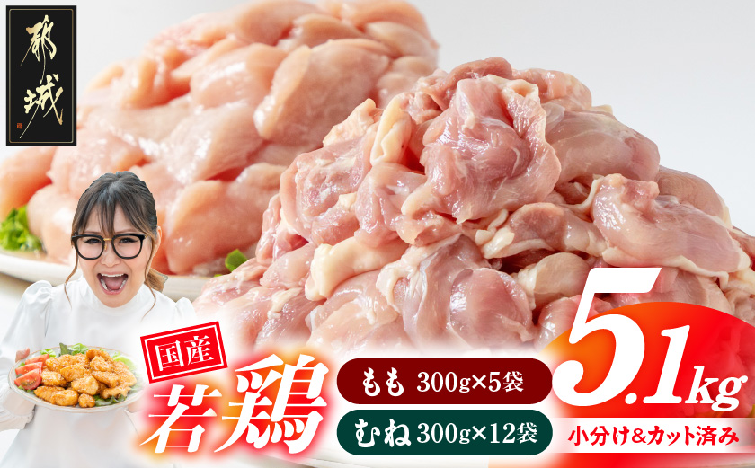 国産若鶏5.1kg 小分けパック!カット済み!(もも300g×5P・むね300g×12P)_14E-33-007-N5100g