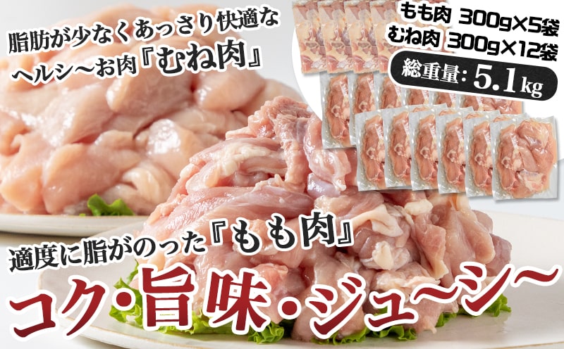 国産若鶏5.1kg 小分けパック!カット済み!(もも300g×5P・むね300g×12P)≪みやこんじょ特急便≫_MJE-33-007-N5100g-Q