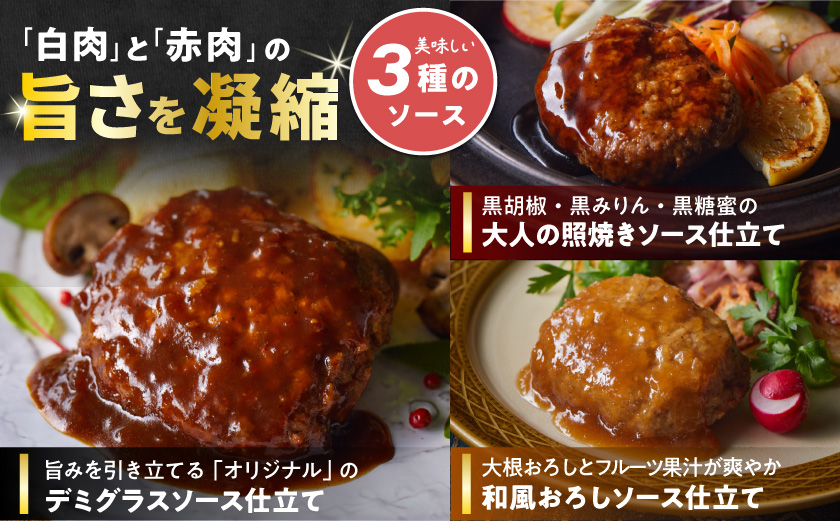 霧島黒豚 3種の煮込みハンバーグ 12個セット (デミグラスソース仕立て・和風おろしソース仕立て・大人の照焼きソース仕立て)_11-28-001-12 脂身 厳選 霧島黒豚 じっくり 3種類 ソース ふっくら 煮込みハンバーグ 小分けセット！ ハンバーグ 豚肉