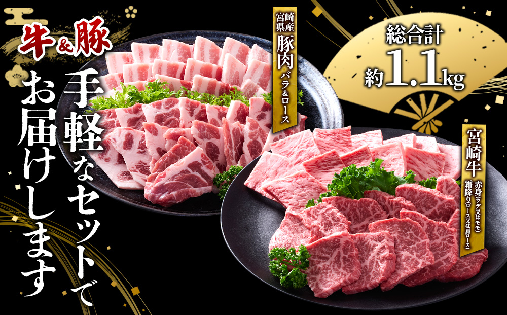 【宮崎牛・豚】焼肉食べ比べ 1.1kg (牛400g/豚700g) 真空パック 冷凍 小分け