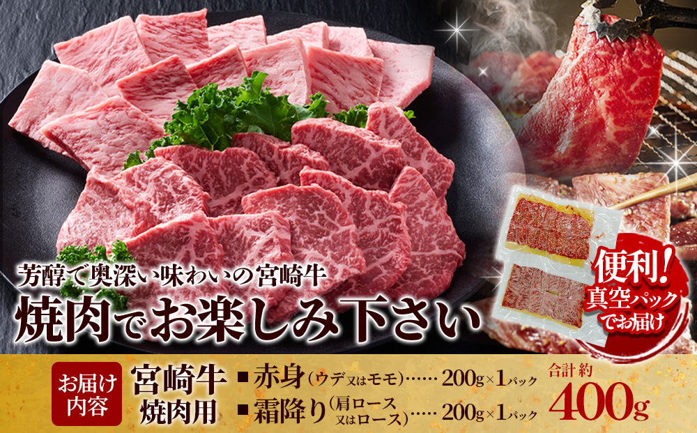 【宮崎牛】焼肉 赤身（ウデ又はモモ）＆霜降り（肩ロース又はロース） 400g(各200g×1P 計2P) 真空パック 冷凍