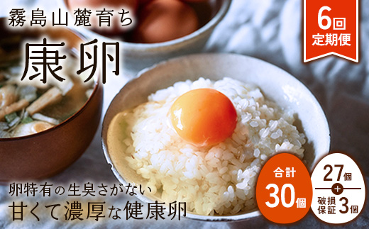卵【6回定期便】霧島山麓育ち こだわり卵 康卵 計 30個（27個 + 割れ保証 3個）6回 計 180個（162個 + 割れ保証 18個）たまご 玉子 卵焼き 玉子焼き たまご焼き 生卵 鶏卵 たまごかけごはん 国産 九州産 宮崎県産 送料無料