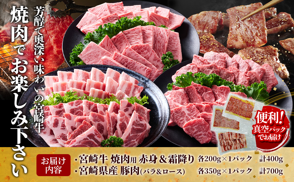 【宮崎牛・豚】焼肉食べ比べ 1.1kg (牛400g/豚700g) 真空パック 冷凍 小分け