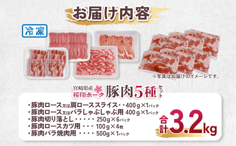 宮崎県産 豚肉 桜印ポーク5種セット (ロースまたは肩ローススライス / ロースまたはバラしゃぶしゃぶ / 切り落とし / ロースカツ / バラ焼肉) 合計3.2kg 小分け 冷凍 国産 送料無料 九州産 肉 お肉 豚 詰め合わせ