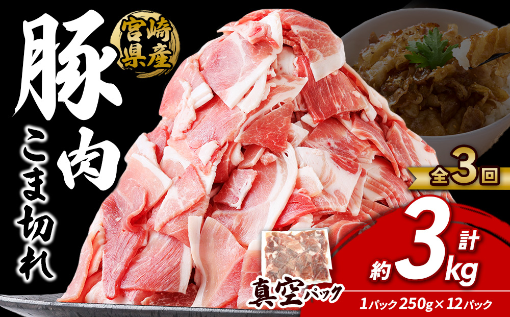 定期便 3回お届け 宮崎県産 いもこ豚 小間切れ 3kg (250g×12パック) 真空パック 小分け 豚肉 えびの市