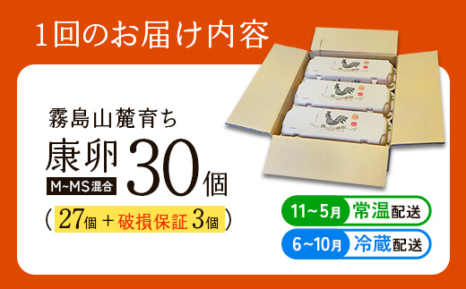 卵【6回定期便】霧島山麓育ち こだわり卵 康卵 計 30個（27個 + 割れ保証 3個）6回 計 180個（162個 + 割れ保証 18個）たまご 玉子 卵焼き 玉子焼き たまご焼き 生卵 鶏卵 たまごかけごはん 国産 九州産 宮崎県産 送料無料