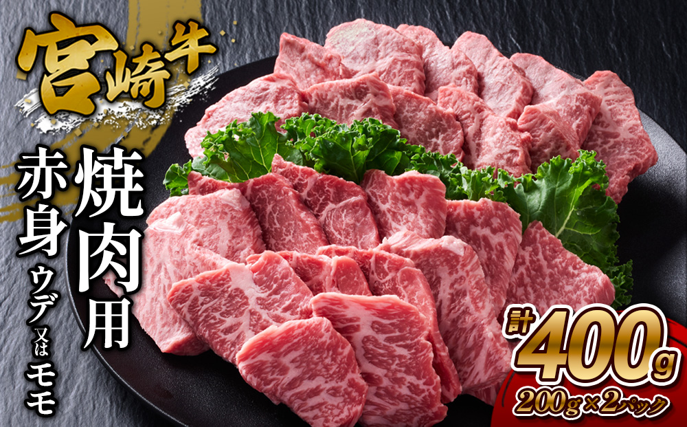 【宮崎牛】焼肉 赤身（ウデ又は上モモ） 400g(200g×2P) 真空パック 冷凍