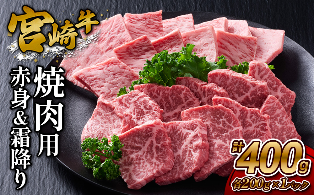 【宮崎牛】焼肉 赤身（ウデ又はモモ）＆霜降り（肩ロース又はロース） 400g(各200g×1P 計2P) 真空パック 冷凍
