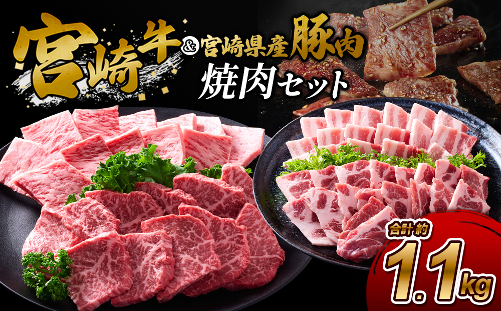 【宮崎牛・豚】焼肉食べ比べ 1.1kg (牛400g/豚700g) 真空パック 冷凍 小分け