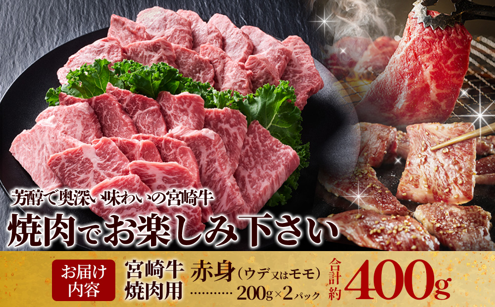 【宮崎牛】焼肉 赤身（ウデ又は上モモ） 400g(200g×2P) 真空パック 冷凍