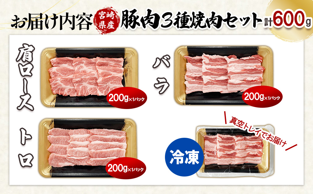 【希少部位・豚トロ入り！】宮崎県産 豚焼肉バラエティセット 600g 真空パック 200gずつの便利な超小分け